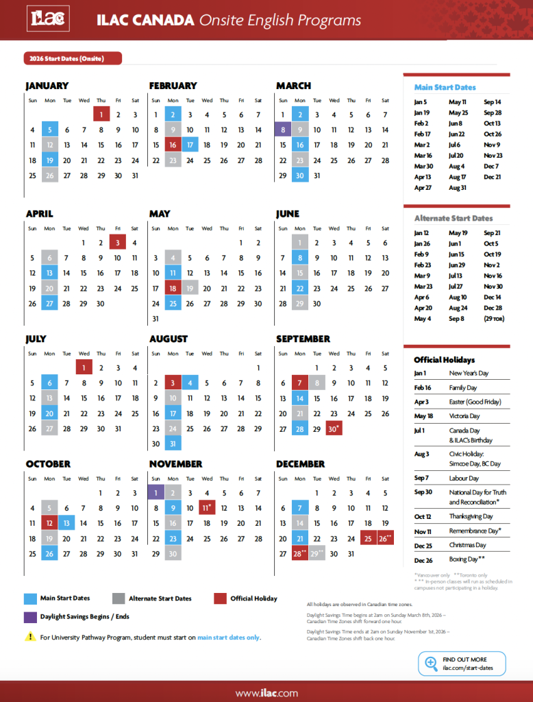2026 ILAC 開課日行事曆 x GLC鉅霖留學