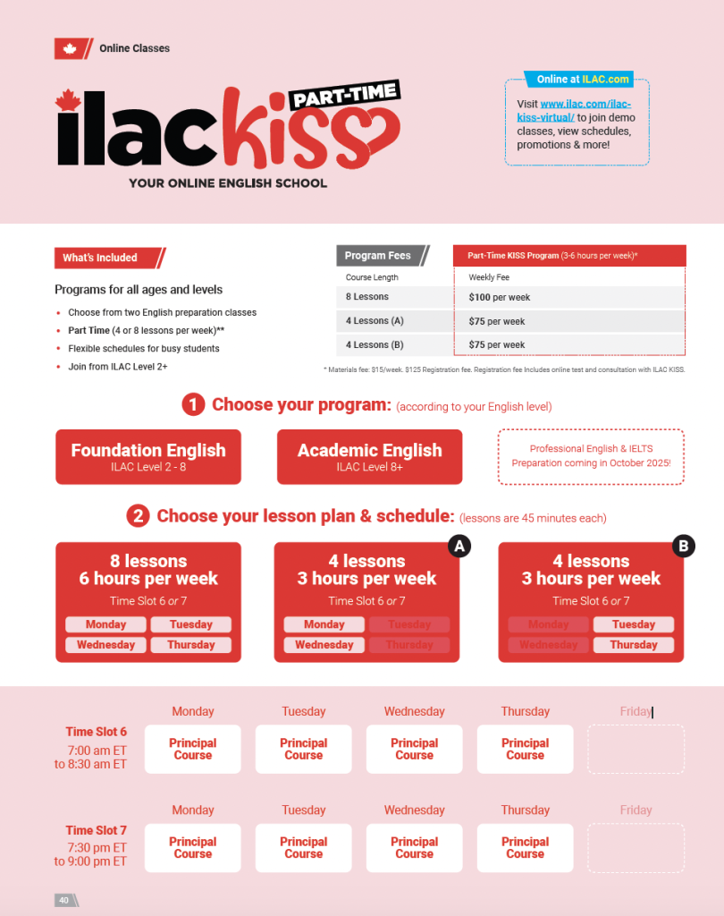 ILAC KISS Part-time 線上彈性課時段總表 x GLC鉅霖留學